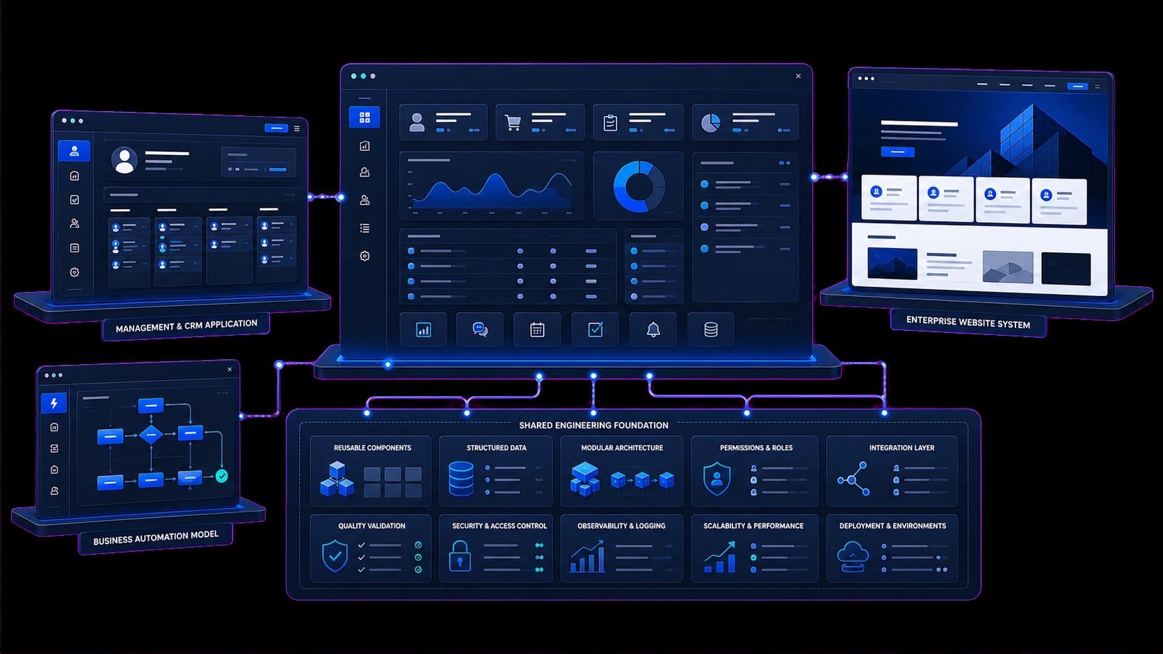 Connected CODXN digital solution models showing how business requirements become scalable websites, platforms, automation, and operational systems